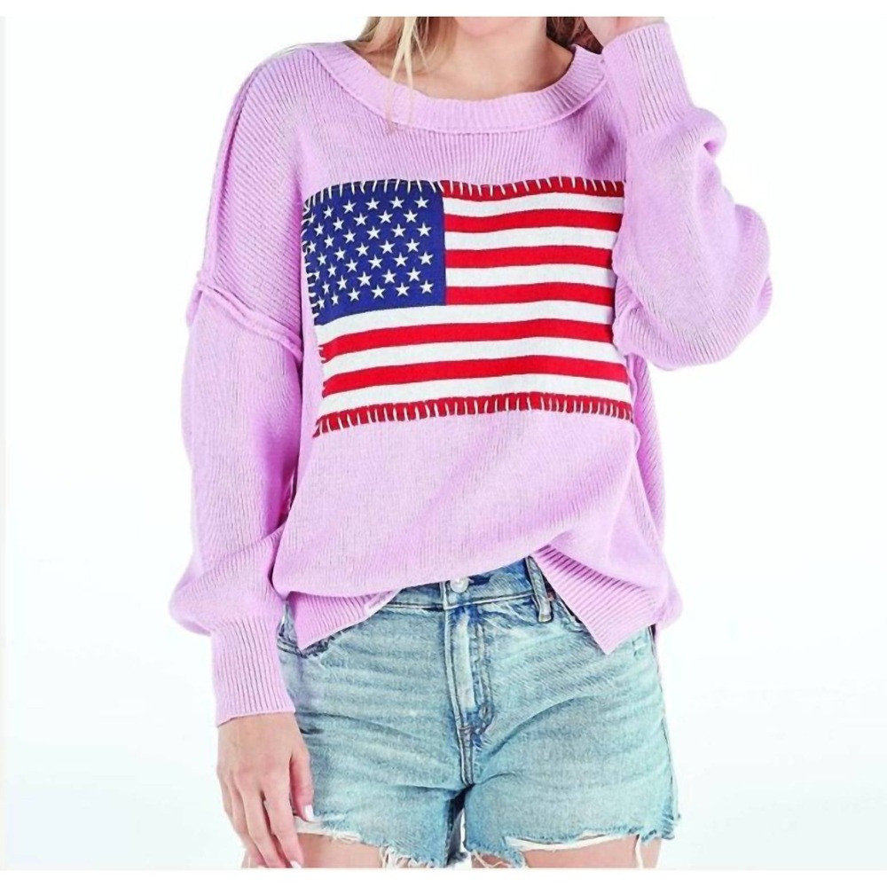 Simply Southern Pink American Flag Knit Sweater Large NWT Patriotic Oversized